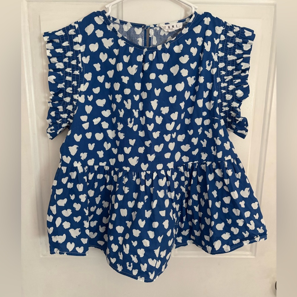 THML Blue Heart Print Flutter Sleeve Top